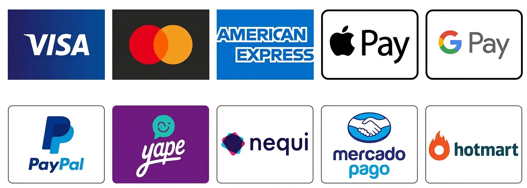 Medios de pago aceptados: Visa, Mastercard, American Express, Apple Pay, Google Pay, PayPal, Yape, Nequi, Mercado Pago y Hotmart